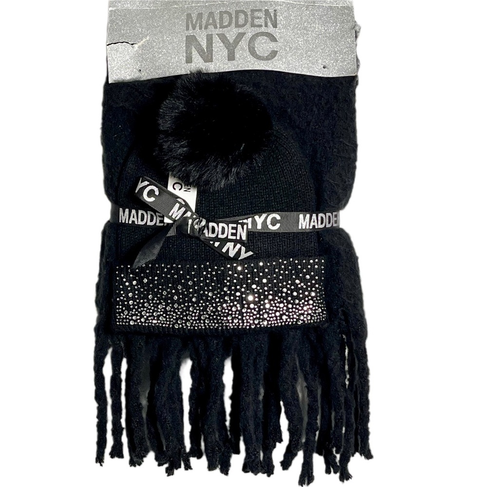 NWT Madden Nyc Hat & Scarf Gift Set Black Rhinestone Cuff Pom Black Winter Glam